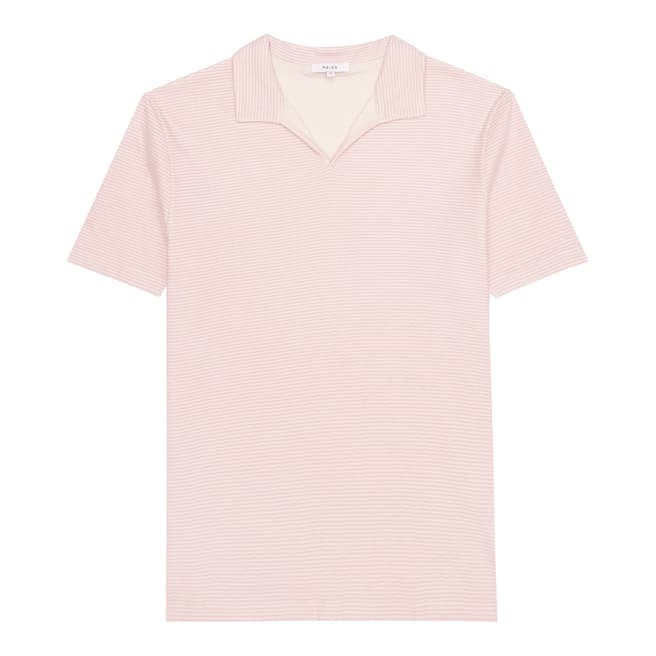 Reiss Light Pink Bocca Stripe Open Neck Cotton Polo T Shirt