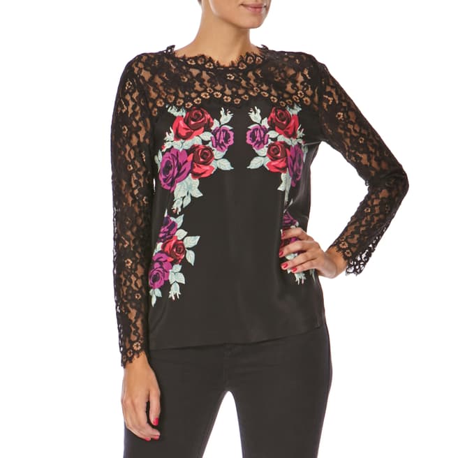 Juicy Couture Black Floral Lace Detail Silk Top