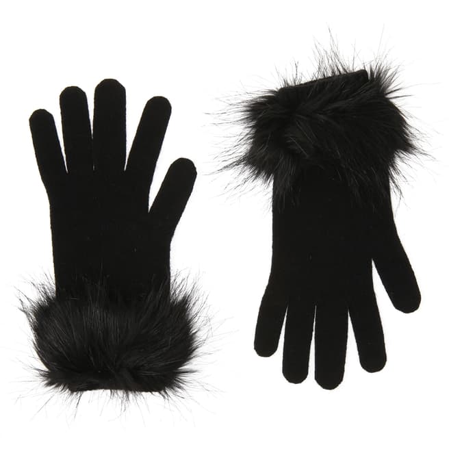 Laycuna London Black Cashmere Short Gloves with Faux Fur Trim