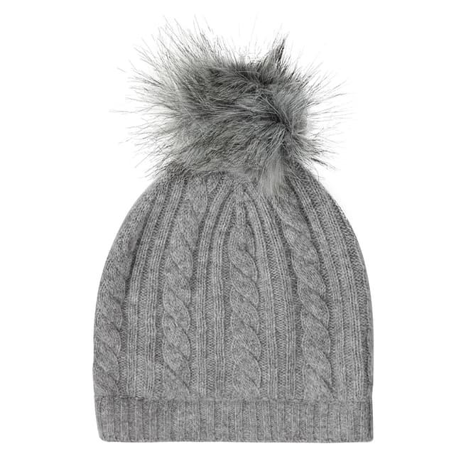 Grey Marl Cashmere Cable Knit Faux Fur Bobble Hat