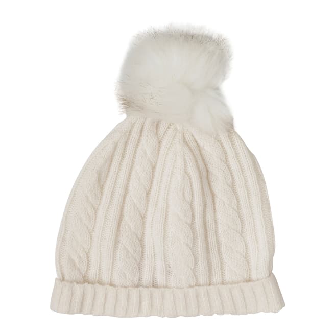  Winter White Cashmere Cable Knit Faux Fur Bobble Hat