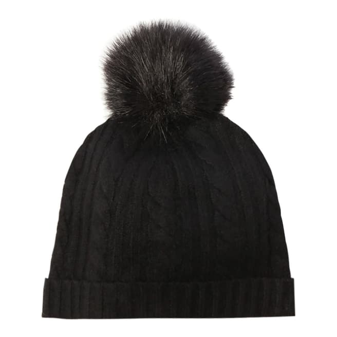 Laycuna London Black Cable Cashmere Knit Faux Fur Bobble Hat 