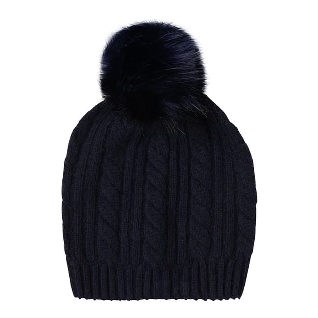  Navy Cashmere Cable Knit Faux Fur Bobble Hat