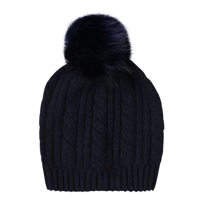 Laycuna London Navy Cable Cashmere Knit Faux Fur Bobble Hat