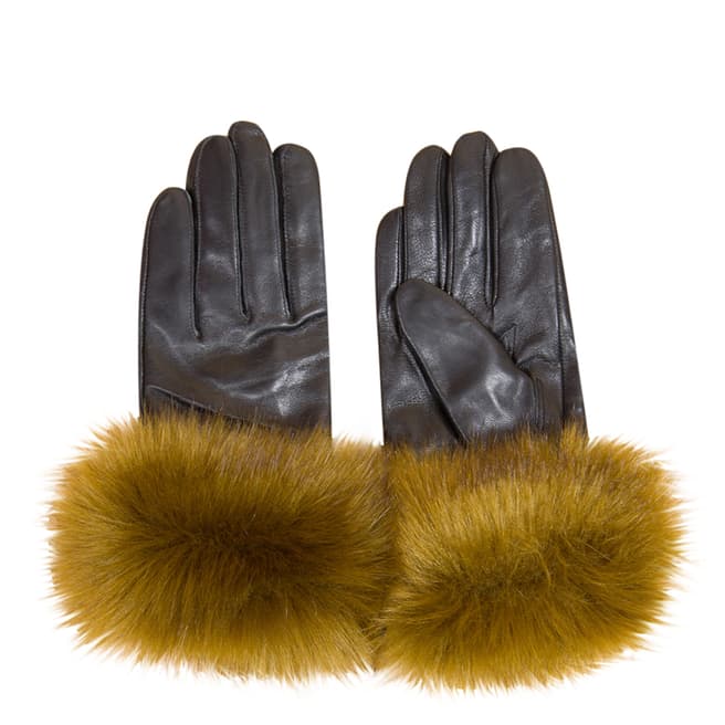 JayLey Collection Black/Caramel Leather Faux Fur Trim Gloves