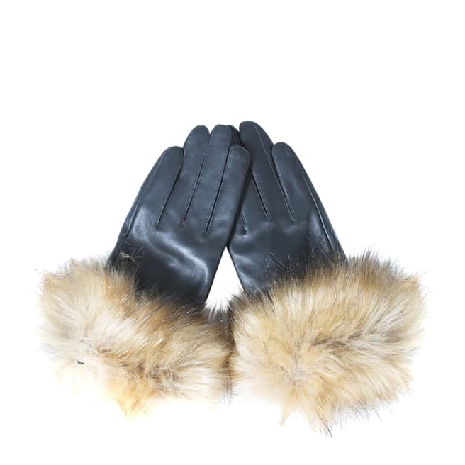 JayLey Collection Black/Mocha Leather Faux Fur Trim Gloves with Gift Box
