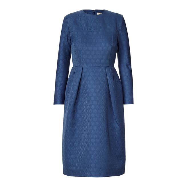 Orla Kiely Inky Blue Textured Daisy Jacquard Sleeved Dress