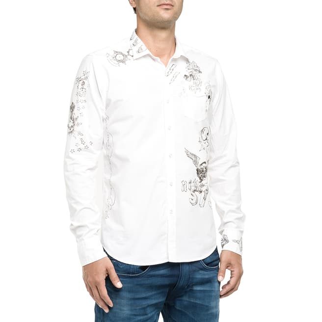 Replay White Graphic Long Sleeve Cotton Shirt