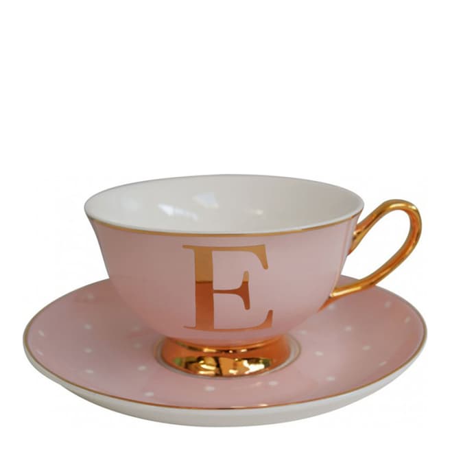 Bombay Duck Rose Pink Alphabet Letter 'E' Spotty Teacup & Saucer
