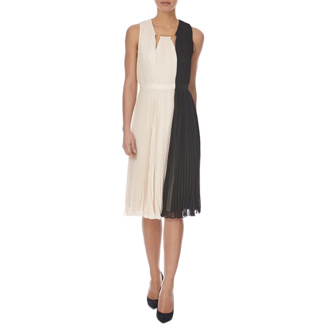 Halston Heritage Black and Cream Arch Ring Neck Pleated Dress