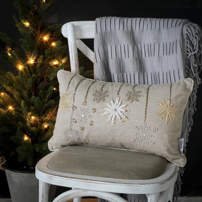 Gallery Living Beige Hand Embroidered Snowflake & Bauble Cushion 30x50cm