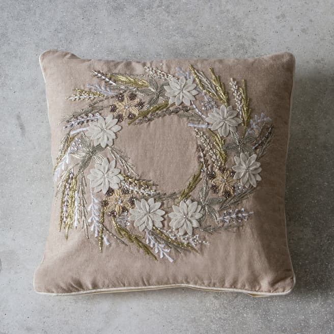 Gallery Living Beige Hand Embroidered Wreath Cushion 40 x 40 cm