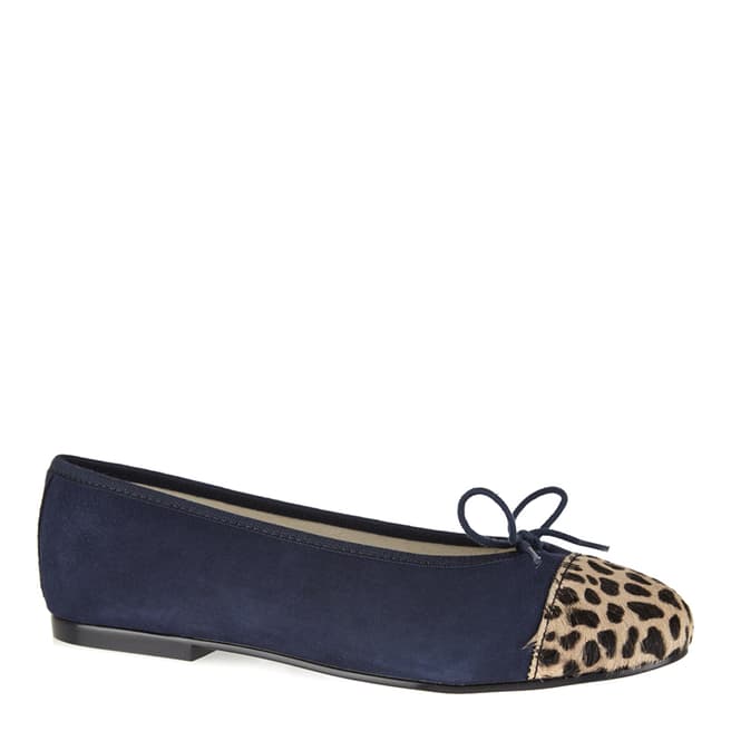 French Sole Blue Suede Leopard Toe Cap Simple Ballet Flats