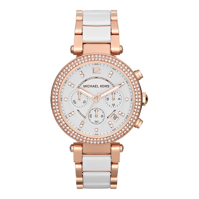 Michael Kors Ladies Rose Gold/White Stainless Steel Parker Watch