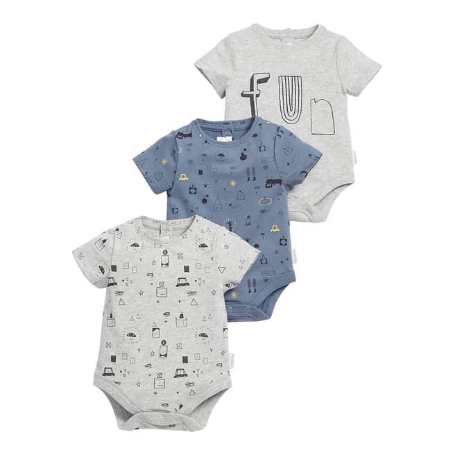 Mamas & Papas Boy's Grey & Blue Graphic Bodysuits (Set of 3)