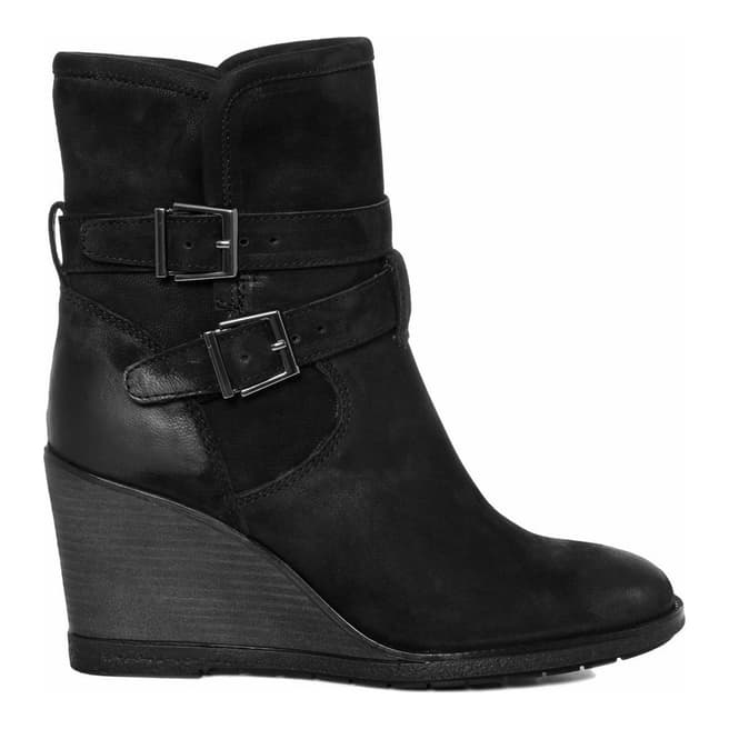 Gusto Black Leather Wedge Heel Ankle Boot With Buckle Detail