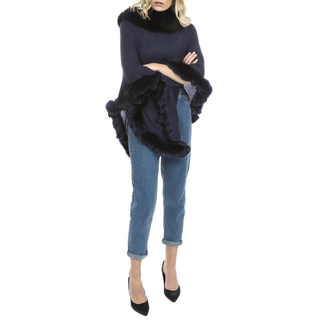 JayLey Collection Navy Poncho with Faux Fur Trim