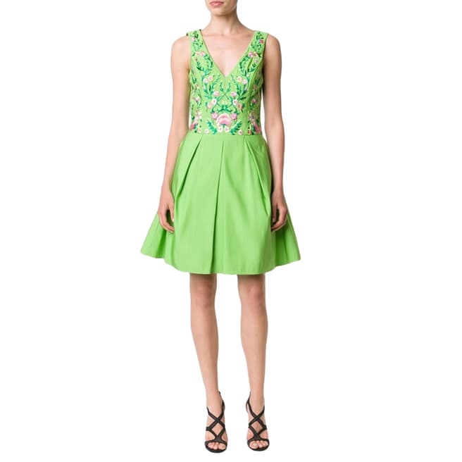 Marchesa Lime Green Pleated Embroidered Faille Dress