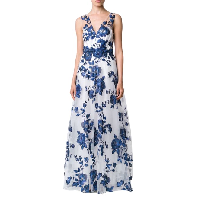 Marchesa Ivory/Blue Embroidered Flower Gown