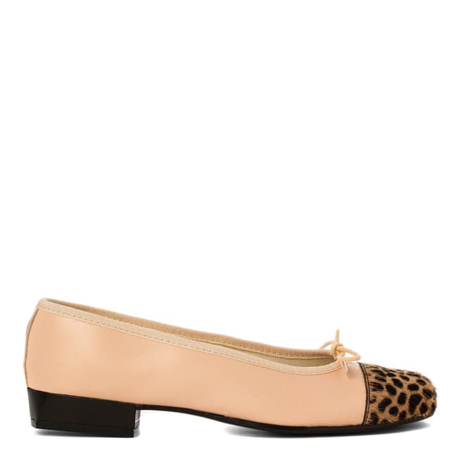 French Sole Pale Pink Leather Square Toe Leopard Print Toe Cap Flats