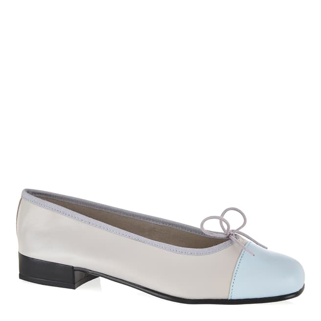 French Sole Grey Leather Square Toe Pale Blue Toe Cap Flats