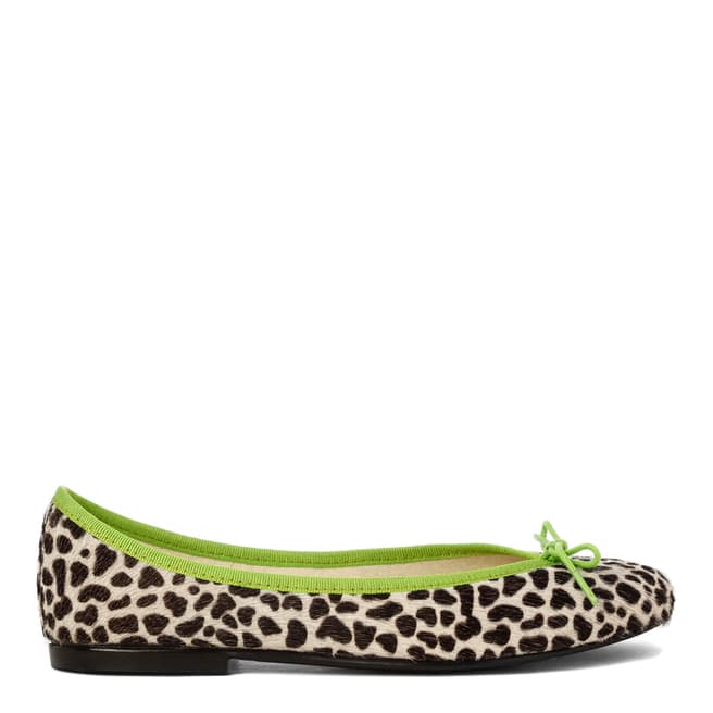 French Sole Snow Leopard Pony Hair Lime Green Trim India Ballet Flats