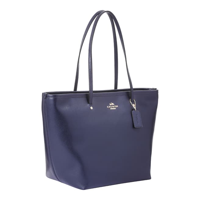 Coach Navy Blue Leather Zip Top Tote Bag