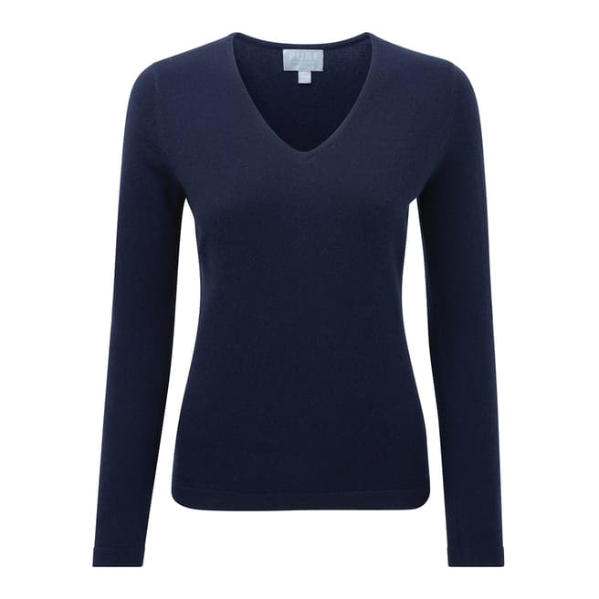Pure Collection Navy Blue Semi Fitted Cashmere V Neck Jumper