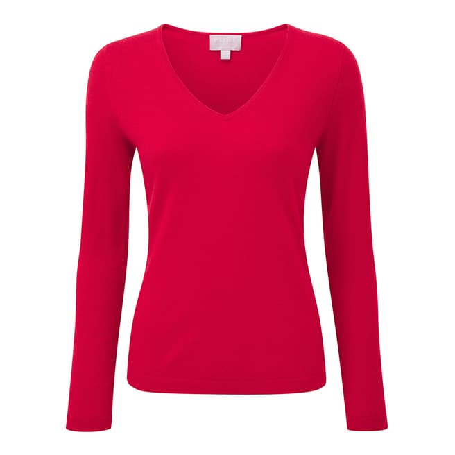 Pure Collection Red Semi Fitted Cashmere V Neck Jumper