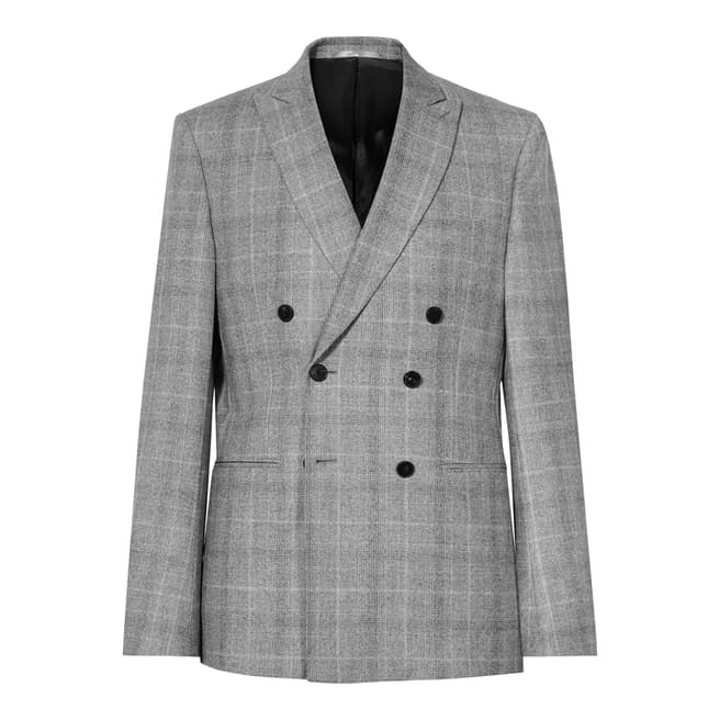 Reiss Grey Checked Woollen Slim Fit Double Breasted Suit Jacket 