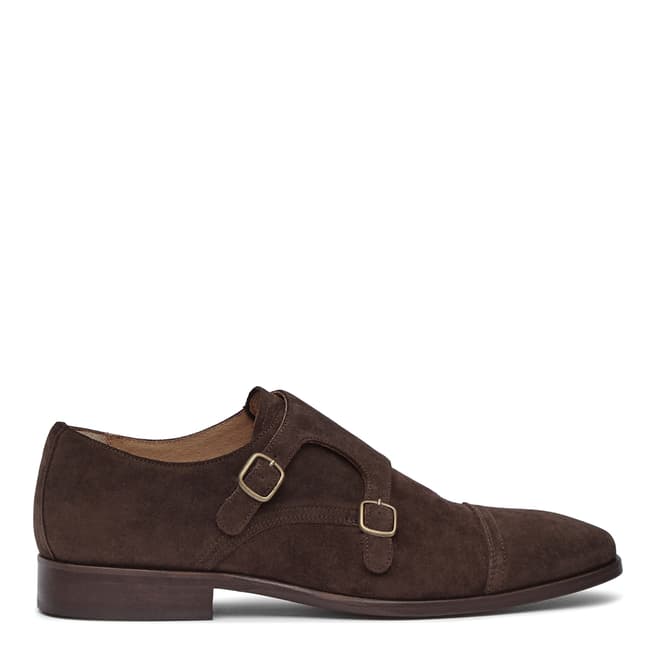 Reiss Dark Brown Leather Felix Suede Double Monk Strap Shoes