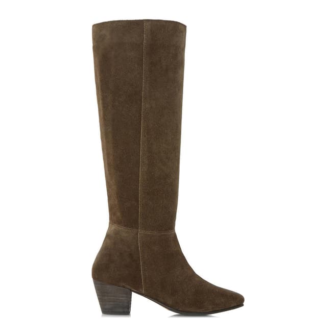 Dune London Khaki Suede Pull On Tarry Knee High Boots