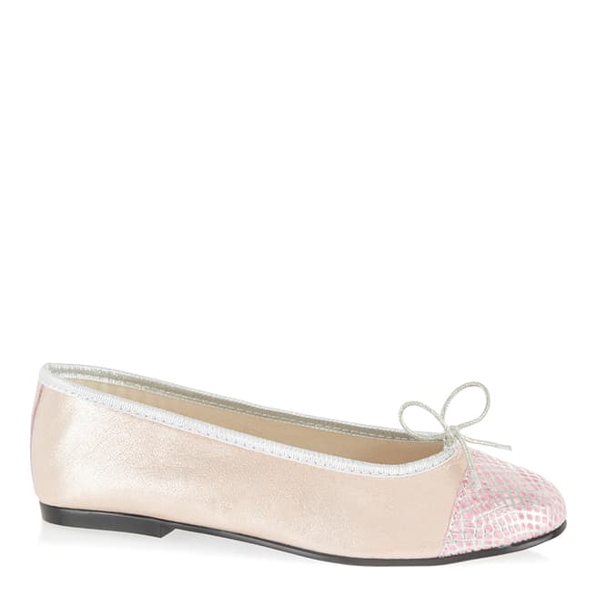 French Sole Pink Metallic Leather Snake Simple Toe Cap Flats