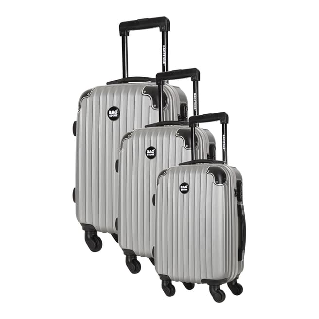 Bagstone Set of 3 Silver Spinner Suitcases S/M/L