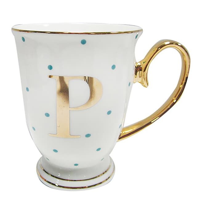 Bombay Duck Alphabet Letter 'P' Gold Metallic Mug with Aqua Spots