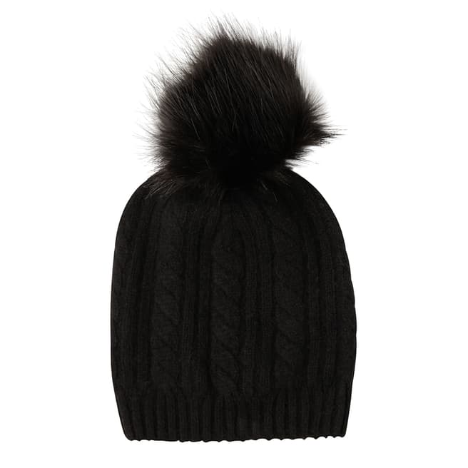  Black Cashmere Cable Knit Faux Fur Bobble Hat