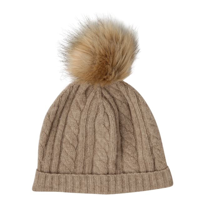  Taupe Cashmere Cable Knit Faux Fur Bobble Hat