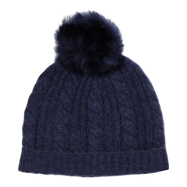  Dark Blue Cashmere Cable Knit Faux Fur Bobble Hat