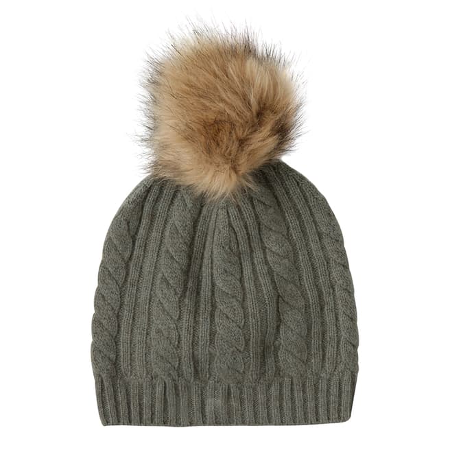  Khaki Cashmere Cable Knit Faux Fur Bobble Hat