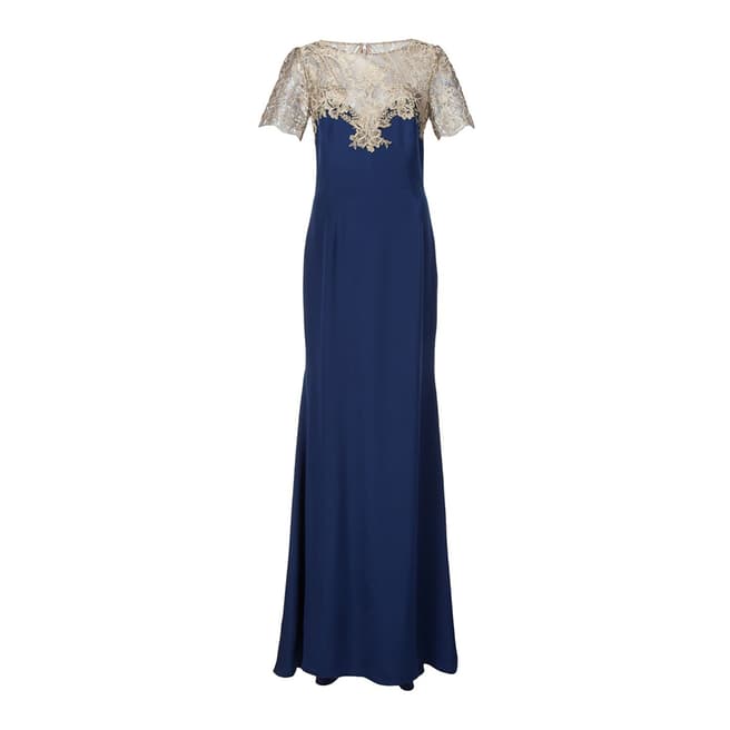 Marchesa Navy Embroidered Tulle And Stretch Silk Gown