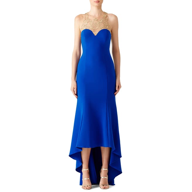 Marchesa Blue Stretch Crepe Beaded Bodice High Low Gown
