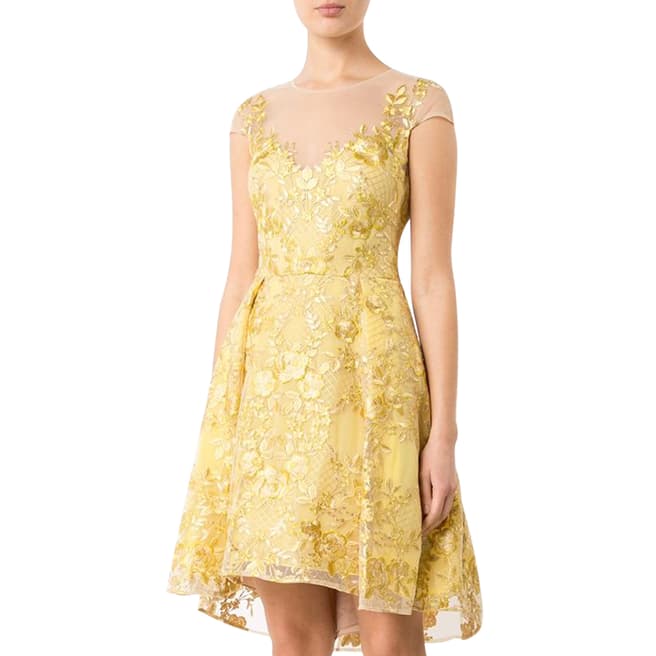 Marchesa Chartreuse Embroidered Cap Sleeve Party Dress