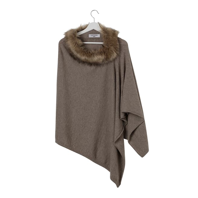 Laycuna London Taupe Faux Fur Collar Cashmere Poncho