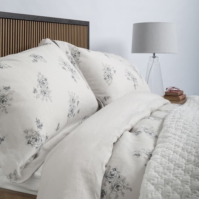 Soak&Sleep Vintage Floral Linen Bed Linen - Superking Bed Set - Grey (Duvet Cover + Superking Pillowcase Pair)