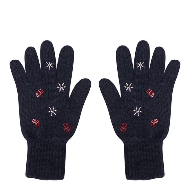  Navy Embellished Wool Blend Gloves