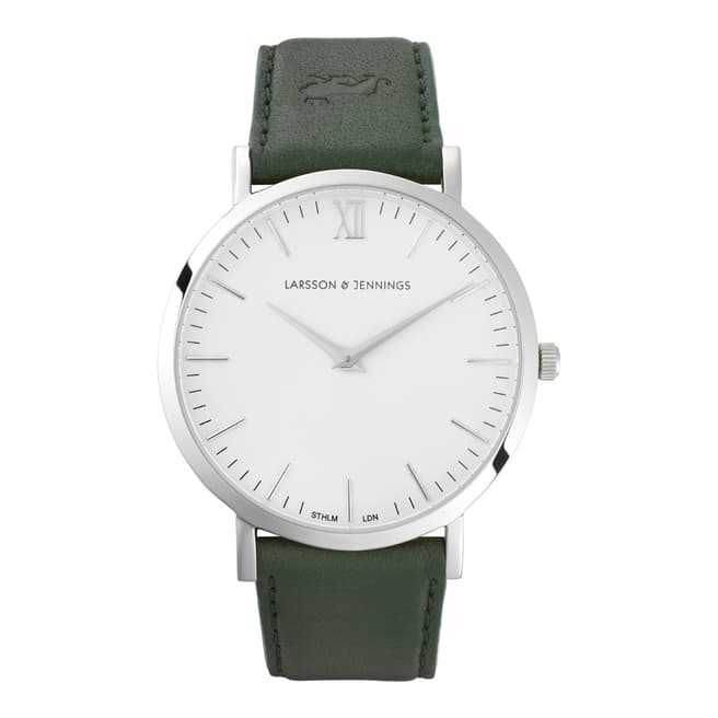 Larsson & Jennings Green Silver/White Leather Lugano 40mm Watch