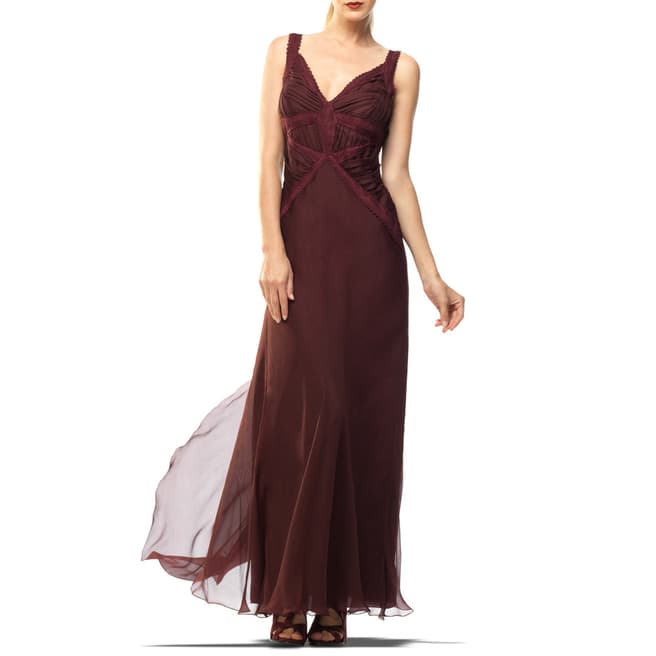 Leon Max Collection Burgundy Silk Chiffon Evening Gown
