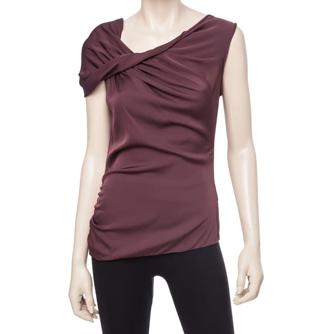 Leon Max Collection Plum Stretch Silk Twisted Shoulder Blouse