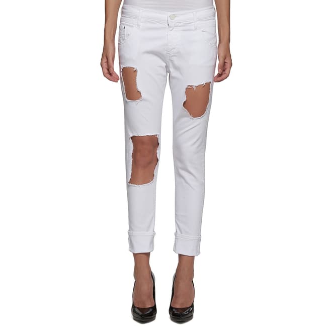 Replay White Cotton Stretch Low Rise Straight Ripped Jeans