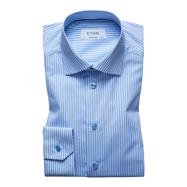 Eton Shirts Blue Cotton Striped Poplin Contemporary Fit Shirt